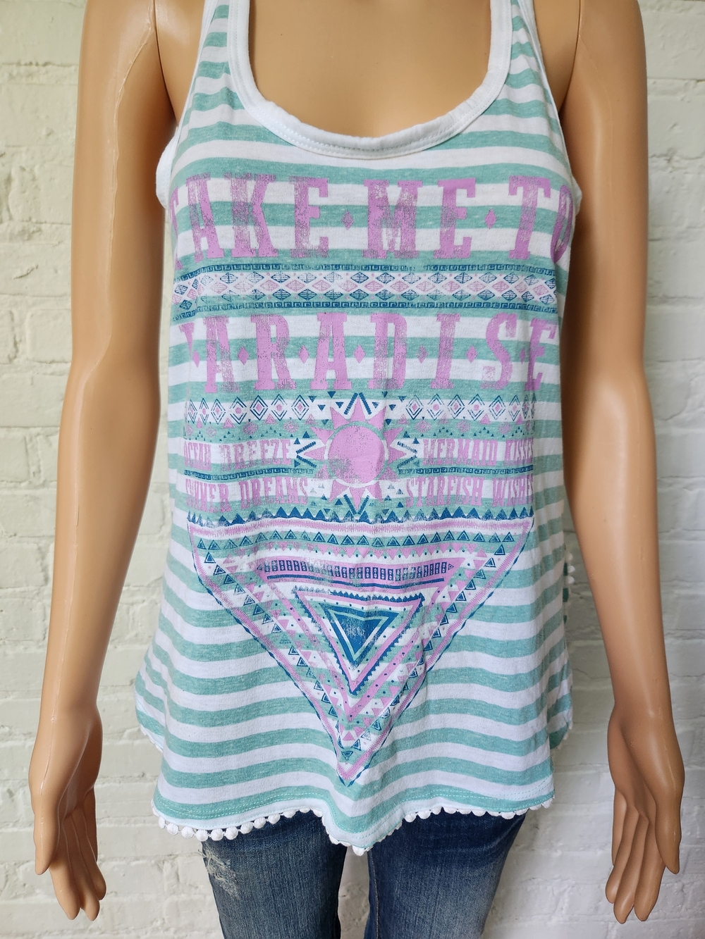 No Boundaries Mint & White Striped Tank with Pink Graphic